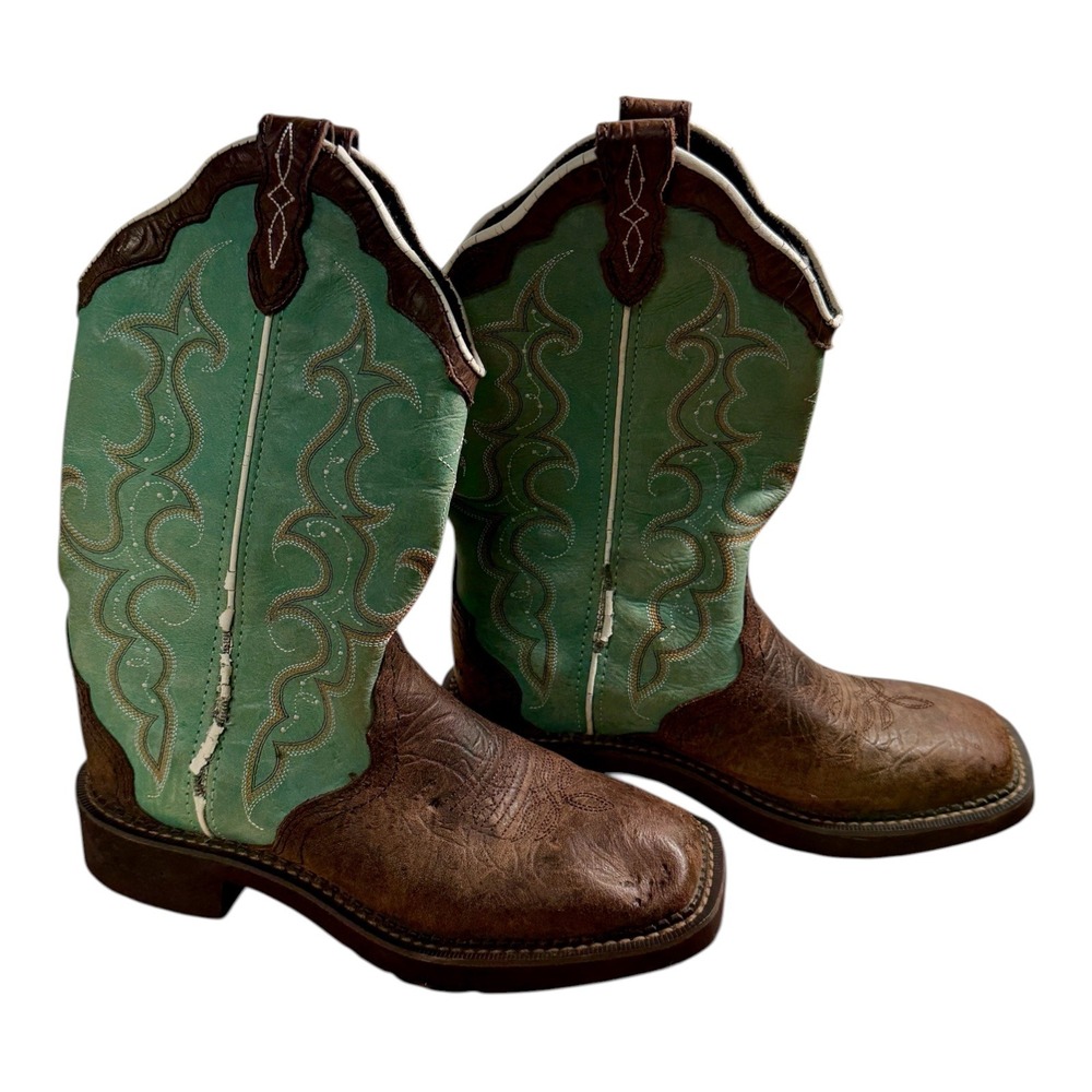Justin Women's Raya Distressed Square‎ Toe Boots Leather Brown Turquoise 7B